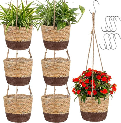 6 Pcs Seagrass Hanging Planter Basket Hand Woven Plant Basket with Plastic Liners Hanging Plant Holder Storage Containers with Cotton Rope for Indoor Garden Decor (Small,Brown,Coffee Brown)