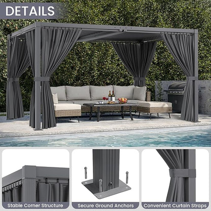 Louvered Pergola 12' x 16' with Waterproof Curtains, Outdoor Aluminum Pergola with Reinforced Steel Roof, Heavy-Duty Hardtop Gazebo, Privacy Shaded Shelter, Gray