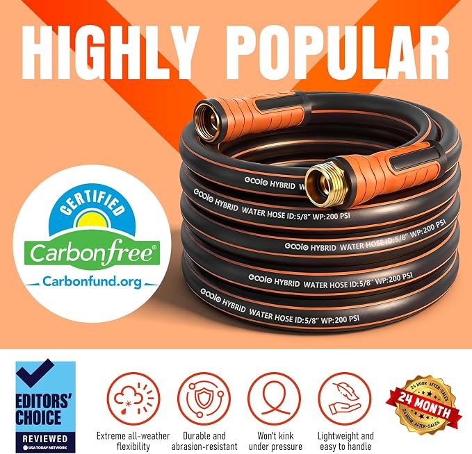 Garden Hose 75 ft x 5/8", Heavy Duty Water Hose, Flexible and Durable, Kink Resistant Lightweight Hybrid Hose, Leakproof Yard Hose with Male to Female Fittings