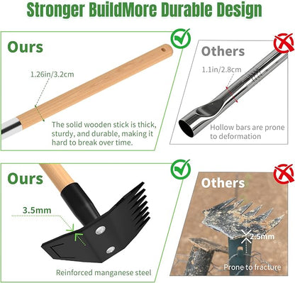 Garden Hoe with Long Bamboo Handle, 2 in 1 Weed Puller Tool&Manual Weed Remover, Weed Rake&Grabber, Gardenia Heavy Duty Uprooting Tool for Yard, Lawn and Garden, 49Inch ﻿