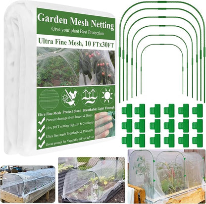 Garden Mesh Netting Kit, Plant Covers 10x30Ft Ultra Fine Mesh Netting & 6Pcs Garden Hoops &18 Clip, Garden Netting Kit for Raised Beds Plants Pest Barrier Greenhouse Row Cover Animal Protection Net