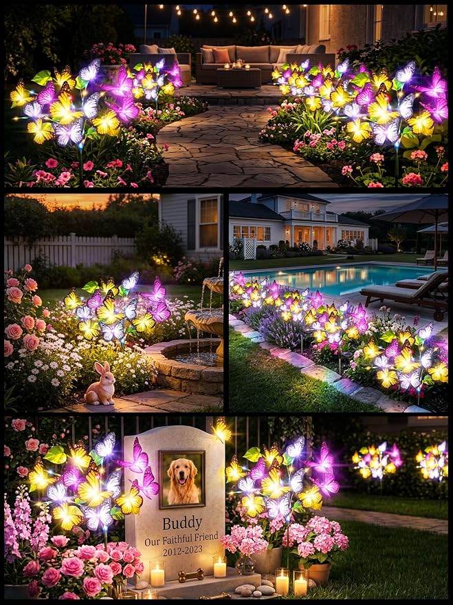 Solar Lights Outdoor, 6 Pack Solar Garden Lights with 222 Colorful LEDs & 102Realistic Silk Butterflies, IP65 Waterproof Outdoor Solar Light for Yard Patio Garden Decor, Gifts for Mom Grandma