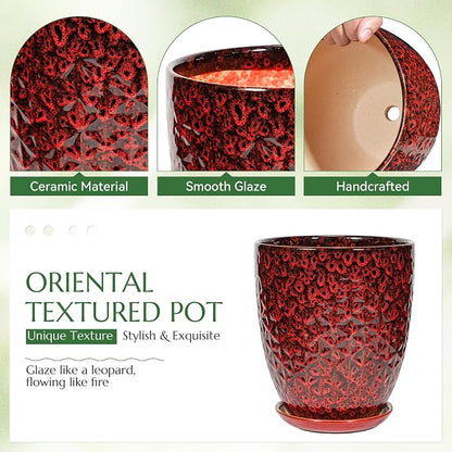 11.8 Inch Flower pots for Indoor Plants,Ceramic Planter with Saucer Drainage Leak-Proof Mesh Gardening Gloves (Diamond Red)