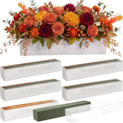 Sintuff 4 Set Rectangle Wooden Planters, 24 x 4 Inch Wood Boxes with Removable Plastic Liner & Floral Foam Blocks, Rustic Wood Planter for DIY Centerpieces Home Wedding Garden Bookshelf Decor (White)