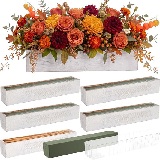 Sintuff 4 Set Rectangle Wooden Planters, 24 x 4 Inch Wood Boxes with Removable Plastic Liner & Floral Foam Blocks, Rustic Wood Planter for DIY Centerpieces Home Wedding Garden Bookshelf Decor (White)