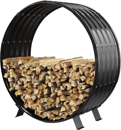 Round Heavy Duty Firewood Rack – Galvanized Wave-Shaped Steel with 4 Sturdy Legs – 0.8mm Thick Black Coated – Indoor or Outdoor Wood Holder for Fireplace,Patio & Deck Fire Pit (3.3FT Diameter)