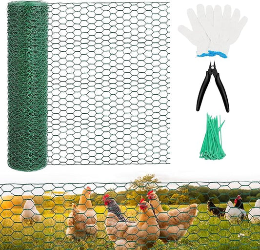 Chicken Wire for Floral Arrangements - Hexagonal Galvanized PVC Coated Poultry Wire Mesh Netting with Gloves, Wire Cutter & Zip Ties for Crafts, Poultry, Gardening Fence (15.7 x 118 lnches)