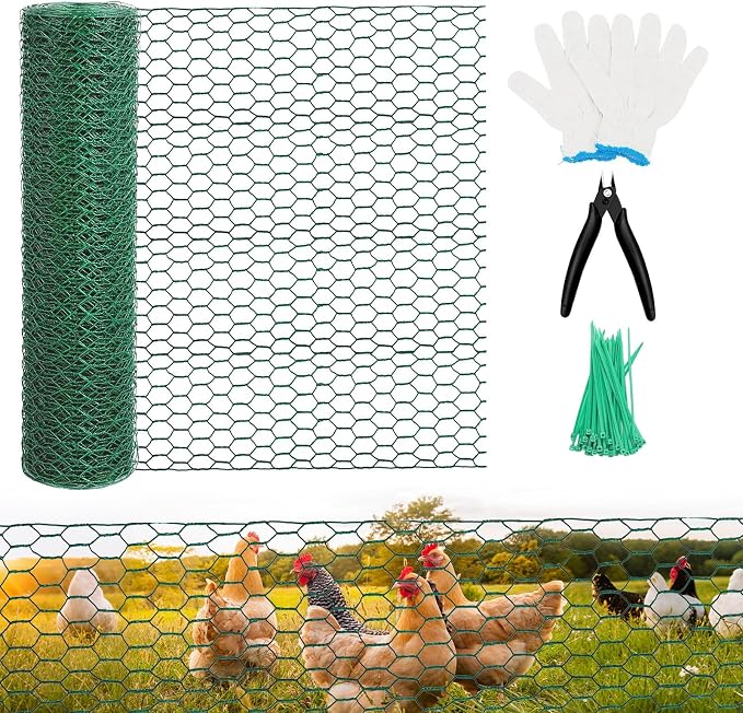 Chicken Wire for Floral Arrangements - Hexagonal Galvanized PVC Coated Poultry Wire Mesh Netting with Gloves, Wire Cutter & Zip Ties for Crafts, Poultry, Gardening Fence (15.7 x 393 lnches)