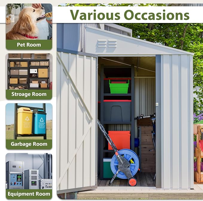 YOPTO 4x7 FT Lean to Storage Shed, Outdoor Metal Wall Side Storage Sheds with Lockable Door,Small Garden Tool Shed for Backayrd, Patio,Lawn,Easy Assembly,White