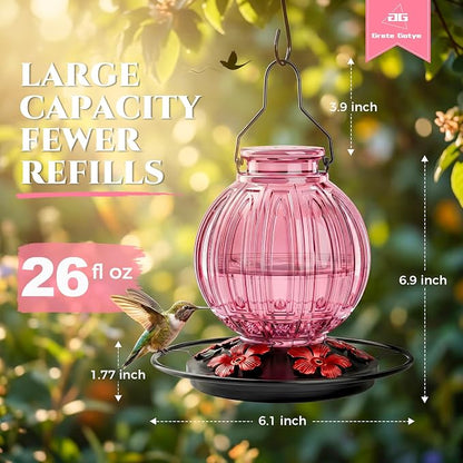Glass Hummingbird Feeder for Outdoors Hanging, 26Oz Bird Nectar Feeder with Perch & 5 Flower Feeding Ports, Leak Proof for Outside Garden Decor Backyard, Gifts for Women Mom, Pink