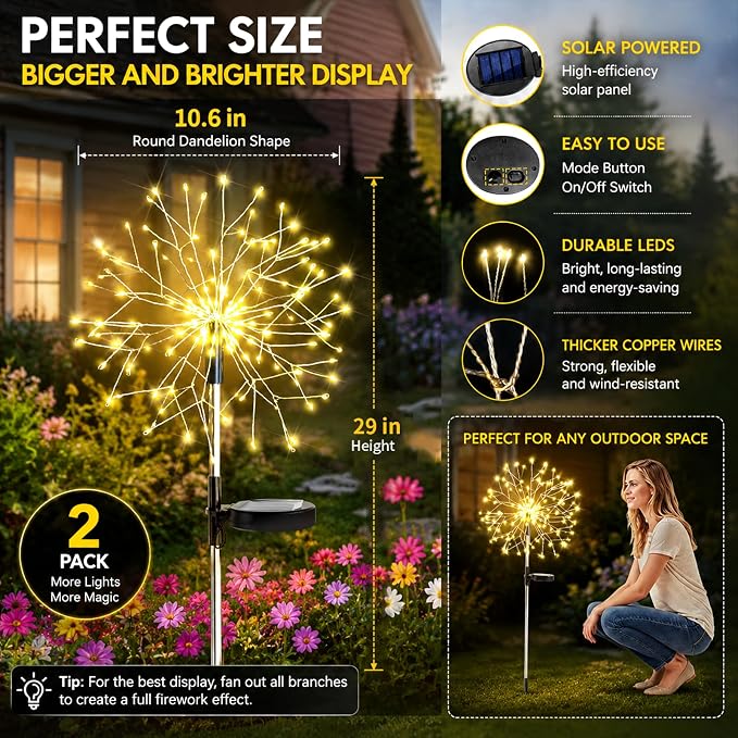 suddus Solar Garden Lights Outdoor Waterproof Decorative, 2Pack 150LED Firework Lights, Solar Fairy Lights for Yard, Garden, Party, Patio, Pathway, Flowerbed - Warm White
