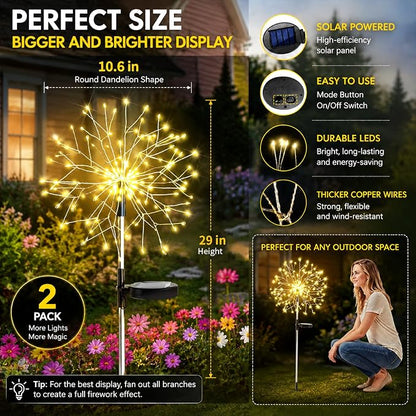 suddus Solar Garden Lights Outdoor Waterproof Decorative, 2Pack 150LED Firework Lights, Solar Fairy Lights for Yard, Garden, Party, Patio, Pathway, Flowerbed - Warm White