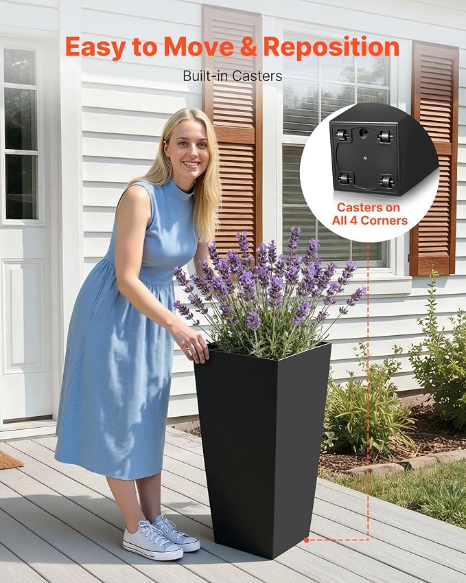 VEVOR 26 Inch Tall Planter Set of 2, Outdoor Large Tall Planters for Outdoor Indoor Plants, Tapered Black Planter for Front Porch, Patio, Garden, Plant Container Flower Pots with Built-in Drainage