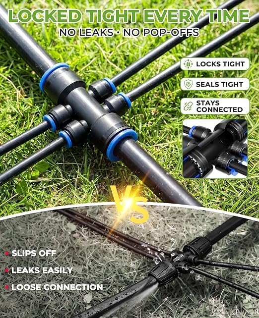 HIRALIY 100FT Drip Irrigation Kit with Timer, Quick-Connect Garden Watering System with 80FT 1/4" Tubing, 20FT Main Hose, 24 Adjustable Drippers for Raised Beds, Lawn & Greenhouse