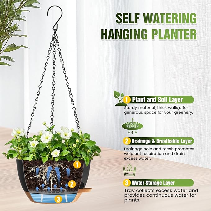 8 Inch Self Watering Hanging Planters Set of 3 with Saucers | Set of 3 8-inch self-watering hanging planters with side-fill watering ports, chain hangers & snap-on saucers