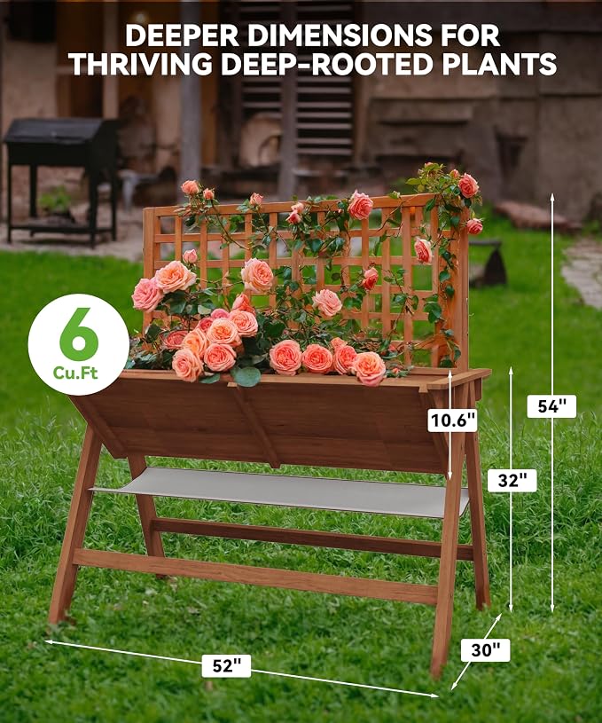 GarveeHome 52x30x54 in Raised Garden Bed with Legs, Elevated Wooden Raised Planter Box with Vine Climbing Trellis Outdoor Standing Growing Bed for Growing Vegetables Flowers Herbs