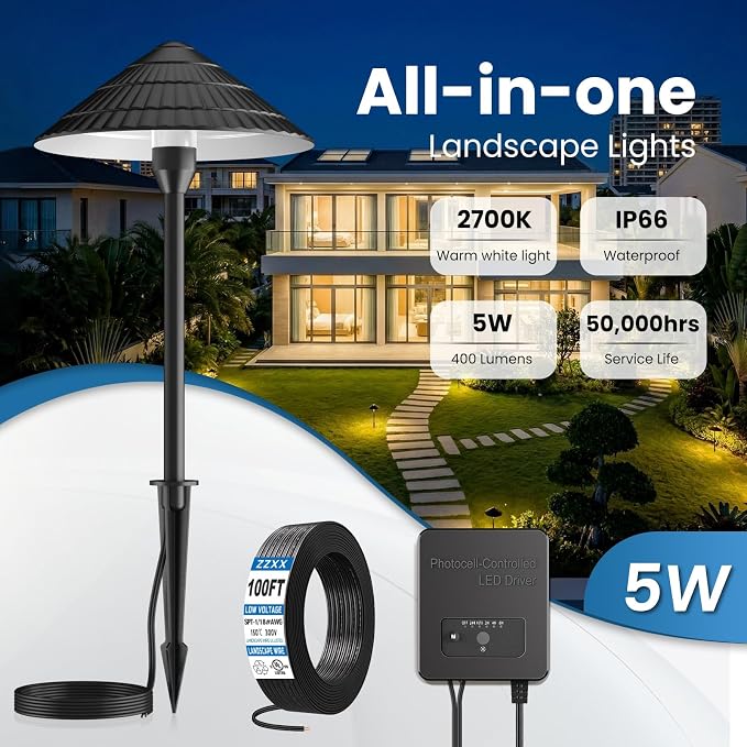 ZZXX All-in-One Low Voltage Landscape Lighting Kit 12-Pathway Lights with 96W Transformer, 5W LED Landscape Lighting Low Voltage 12-24V,IP66 Waterproof Outdoor Lights 2700K for Yard Patio Walkway