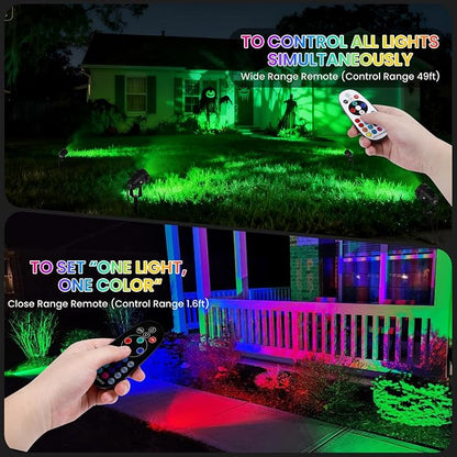 Halloween Christmas Spotlights Outdoor: RGBW Spot lights Plug in 120V Remote Control 16 Color Changing Waterproof LED Landscape Spotlights for Yard Garden Lawn Holiday Décor, 6 Pack (RGB + Warm Light)