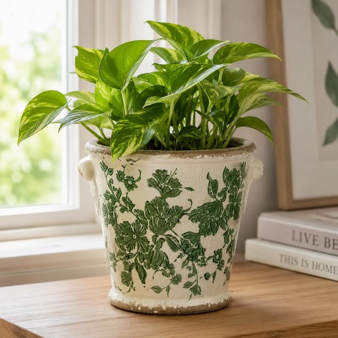 Dosayes Vintage Ceramic Flower Pot with Drainage Holes and Handle,Ice Crack Country Rustic Planters for Indoor Outdoor,Tuscan Decor,Home and Garden Decor,Gardening Present (Green)