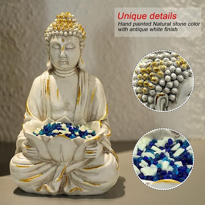 Goodeco Meditating Buddha Statue Sculpture - Outdoor Sitting Sculpture Decoration, Marble Finish with Lotus and Magical Glow in The Dark Pebbles and Glass Stones,Gift idea,White Color (12 inch)