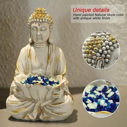 Goodeco Meditating Buddha Statue Sculpture - Outdoor Sitting Sculpture Decoration, Marble Finish with Lotus and Magical Glow in The Dark Pebbles and Glass Stones,Gift idea,White Color (12 inch)