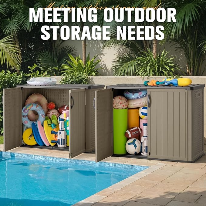 Greesum Outdoor Horizontal Storage Sheds 26 Cu.ft, Resin Large Storaged Box Weather Resistance Without Shelf, Easy to Assemble, Prefect for Garden, Patio, Backyard, Beige