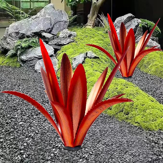 TOMBABY Enlarge Thickened Wind Resistant Metal Agave Garden Art Metal Plant Country Garden Sculpture Statue Outdoor Decoration Agave Metal Plant Courtyard Lawn Ornament Gift (2, 12 Leaves red)