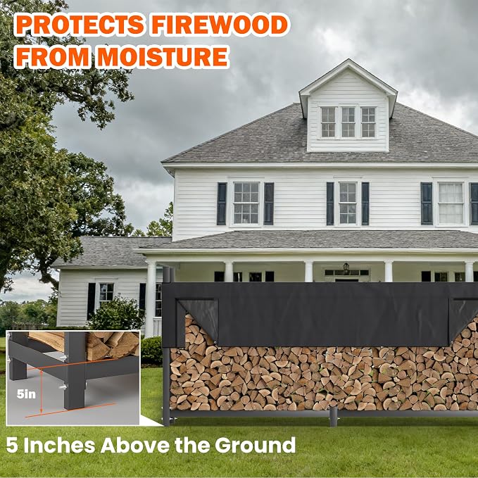Ultrawall 8ft Heavy Duty Firewood Rack with Waterproof Cover, Freestanding Wood Log Holders for Firewood, Indoor/Outdoor Wood Storage Rack