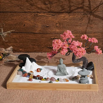Mini Zen Garden for Desk Bodhi Tree and Buddha | Desktop Sand Tray Japanese Zen Garden Kit for Therapy Office Decor, Home Decor, Meditation Gifts