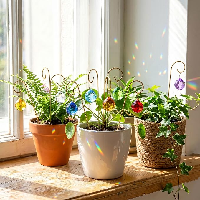 9PCS Colorful Crystal Ball Prisms with 7.5‘’ Small Gold Trellis for Plants | Mini Potted Plant Indoor Accessories,Sun Catchers,Metal Plant Stakes Suncatchers for Home Fairy Garden Decor,Whimsical Decor