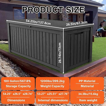 Outdoor Storage Box, 180 Gallon Waterproof Deck Box, Piston-Lift Tall Standing Cabinet for Oversized Cushions, Lockable Deep Tool Organizer Storage Bench, Large Lawn, Black