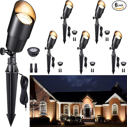 Gardenreet Solid Brass Spot Lights - Black Low Voltage Landscape Spotlight Outdoor, 12V LED Uplights Wired, Waterproof Electric for Patio Wall with 2700K Warm White MR16 Bulb (6 Pack)