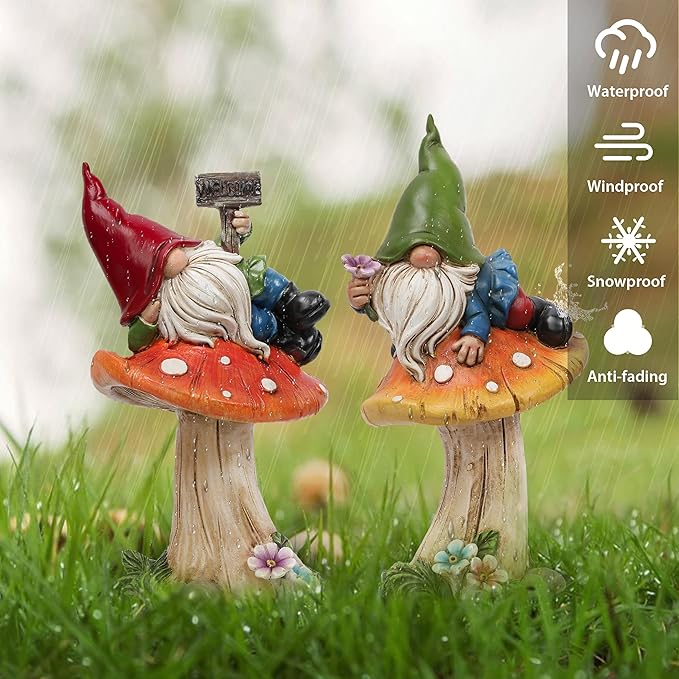 TERESA'S COLLECTIONS Resin Statues for Yard, Set of 2 Cute Garden Gnomes on Mushroom Statues for Outdoor Patio Porch Lawn, Ideal Gift for Dad Mom Birthday, Outside Decor Housewarming Gifts, 7"