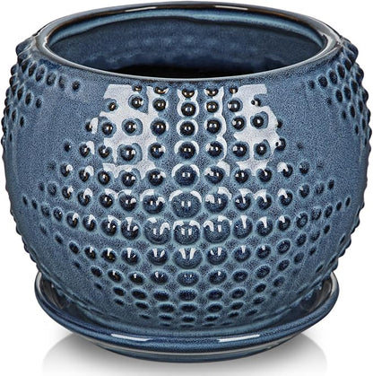 Oairse Ceramic Pot for Indoor Plants, 7 inch Plant Pot with Drainage Hole and Saucer Decorative Blue Planter with Saucer Indoor Outdoor Flower Pots for Succulent Snake Plant Pothos Orchid