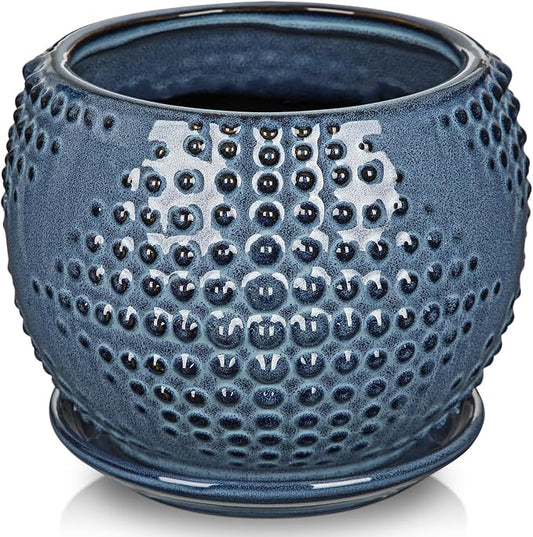 Oairse Ceramic Pot for Indoor Plants, 7 inch Plant Pot with Drainage Hole and Saucer Decorative Blue Planter with Saucer Indoor Outdoor Flower Pots for Succulent Snake Plant Pothos Orchid