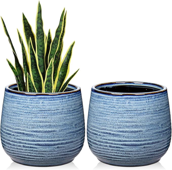 GnFlus Blue Ceramic Plant Pots 5.5 Inch Set of 2, Flower Plants Pot with Drainage Holes Blue Planter Garden Pot for Succulent Cactus Home Decoration Gift Indoor Outdoor