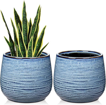 GnFlus Blue Ceramic Plant Pots 5.5 Inch Set of 2, Flower Plants Pot with Drainage Holes Blue Planter Garden Pot for Succulent Cactus Home Decoration Gift Indoor Outdoor