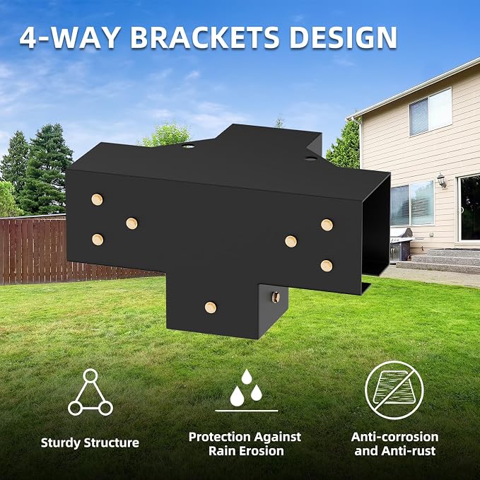 4-Way Pergola Brackets Kit (2-Pack), Heavy Duty 4x4 Corner Brackets for Outdoor Wood Posts, Easy Install for DIY Gazebo Patio Log Cabin & Outdoor Structures
