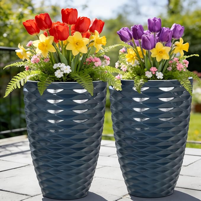 2-Pack 19" Glossy Navy Blue Resin Tall Planters with Wave Texture | Set of 2 resin tall planters with glossy navy blue wave texture, drainage plugs, and UV-resistant finish for porch or patio