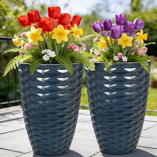 2-Pack 19" Glossy Navy Blue Resin Tall Planters with Wave Texture | Set of 2 resin tall planters with glossy navy blue wave texture, drainage plugs, and UV-resistant finish for porch or patio