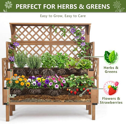Raised Garden Bed with Trellis, 2-Tier Elevated Planter Box, Wooden Outdoor Planter for Vegetables Herbs Flowers, Lattice Back for Climbing Plants, Modern Minimal Design for Patio Balcony Backyard