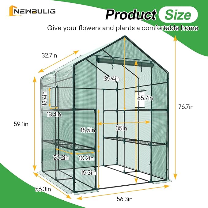 NEWBULIG Outdoor Greenhouse, Walk-in Greenhouse with 2 Tier 8 Plant Shelves, 56"x56"x77" Durable PVC Cover, Portable Greenhouses for Outdoor Garden, Patio, Porch, Backyard Green Houses, Green
