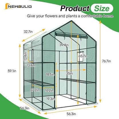 NEWBULIG Outdoor Greenhouse, Walk-in Greenhouse with 2 Tier 8 Plant Shelves, 56"x56"x77" Durable PVC Cover, Portable Greenhouses for Outdoor Garden, Patio, Porch, Backyard Green Houses, Green