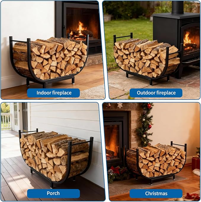 Firewood Rack Outdoor w Thicken Cover, 35 Inch Indoor Firewood Rack - Stable Curved Firewood Storage Heavy Duty & Rustproof Metal Firewood Holder w Hook for X-mas Decorations or Tools Nearby Fireplace