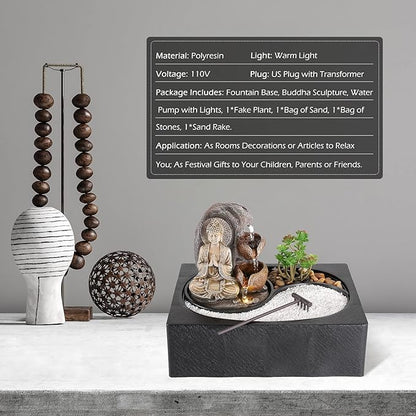 Dyna-Living Indoor Water Fountains Tabletop Water Fountain with Warm Light | Zen Water Fountain Buddha Waterfall for Relaxation, Desk Zen Waterfall Feature for Home & Office Feng Shui Decor, Quiet Pump