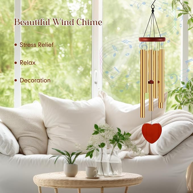 Leinuosen Wind Chimes for Outside Wind Chimes Outdoors Deep Tones 28" with 6 Aluminum Tubes Memorial Sympathy Windchime for Valentine Tree Decor Garden Courtyard Mom Loved One Gifts(Heart,Gold)