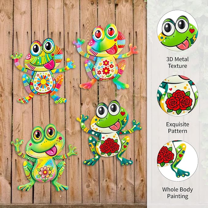 Junware Metal Frog Wall Decor, 4Pcs Frog Iron Wall Art Sculptures Art Frogs Wall Hanging Sculpture Decoration. Outdoor Fence Art for Home Garden, Fence, Patio, Yard, Bedroom Outside Gifts for Adults
