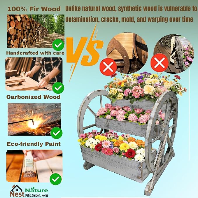 3 Tier Large Wooden Wagon Planter Box|Outdoor Planter/Flower Pot for Indoor&Outdoor Plants-Rustic Garden Planter for Patio,Porch&Garden Decor-Raised Garden Bed for Succulents,Herbs,Vegetables