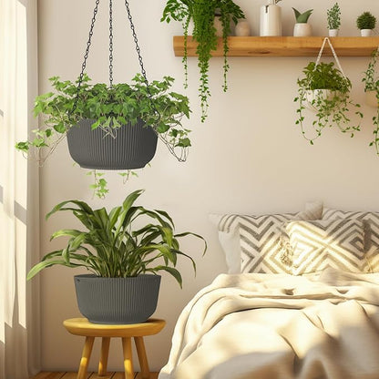 T4U 8 Inch Hanging Planters for Indoor Outdoor Plants, Self Watering Hanging Pot Pack of 2, Hanging Pots with Drainage Hole & Plug & Chain with 3 Hooks for Garden Home Decor, Grey