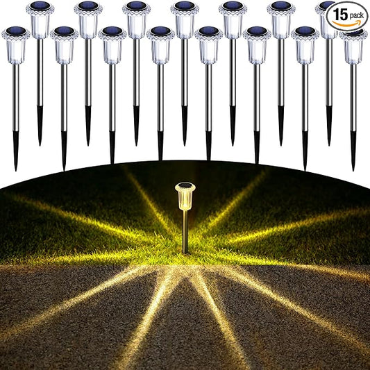 DenicMic Solar Garden Lights Outdoor Waterproof Warm White LED 15 Pack | Yard Garden Driveway Walkway Landscape Path Lights, Starburst Pattern, Acrylic Diamond-like Lampshade Stainless Steel Pole